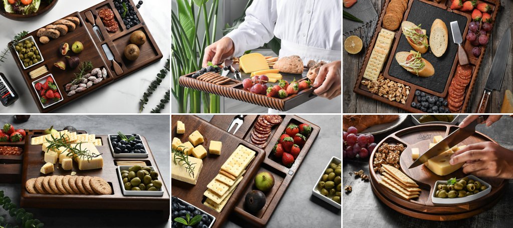 A photo of a food serving tray with cheese and snack on it. This is for the best bridal shower gifts article.
