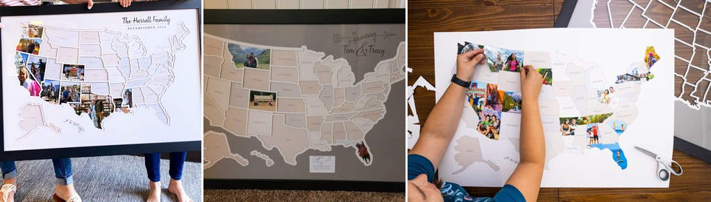 A close up photo of a travel map where each state has a space for a photo from that location.