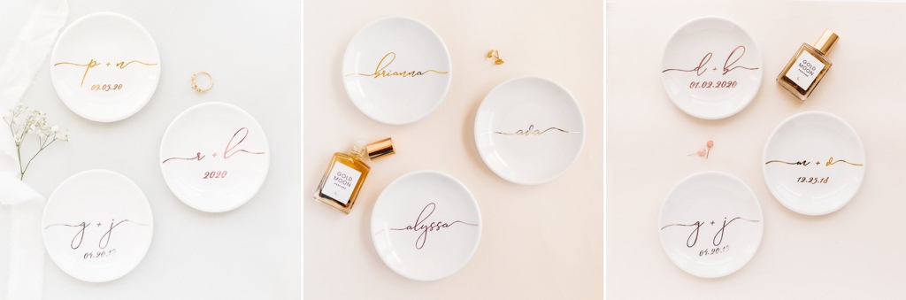 a wedding ring dish on a table