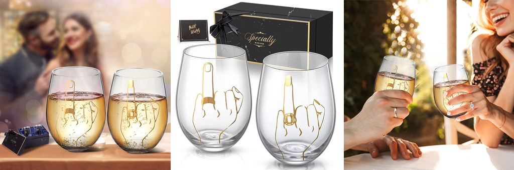 A set of wine glasses with hands and wedding rings on them