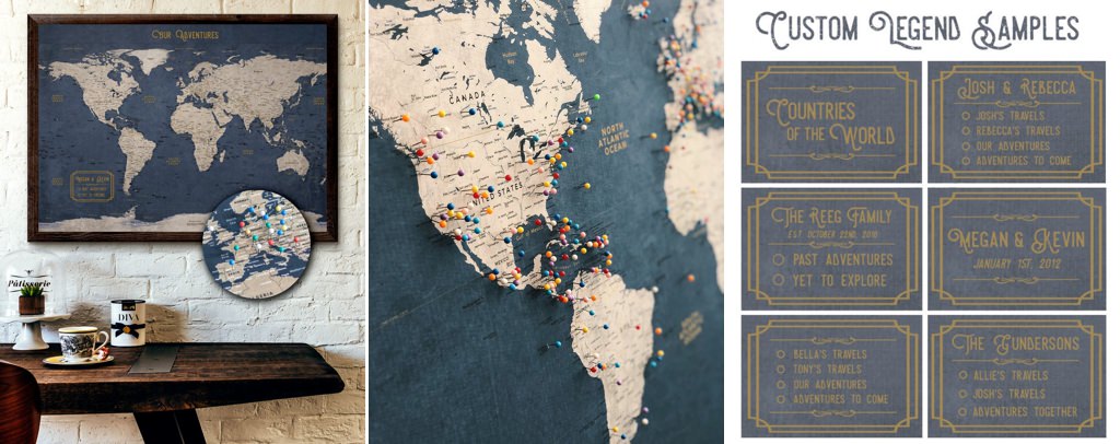 A close up photo of a push pin world map for travelers