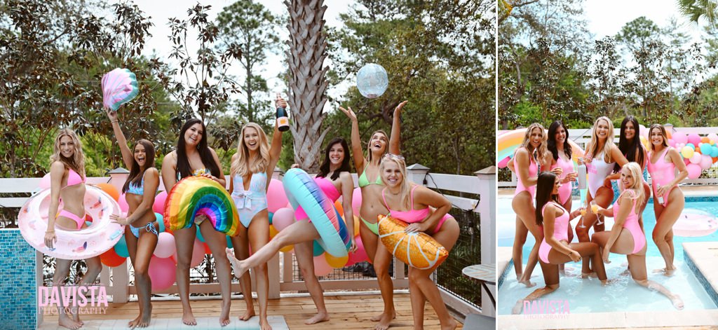 A group of girls at a pool themed bachelorette party