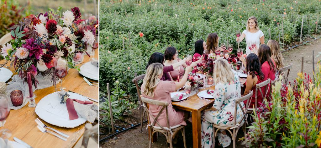 A wine themed bridal shower. The bride is standing at a table with all of the guests sitting. They are doing a toast.