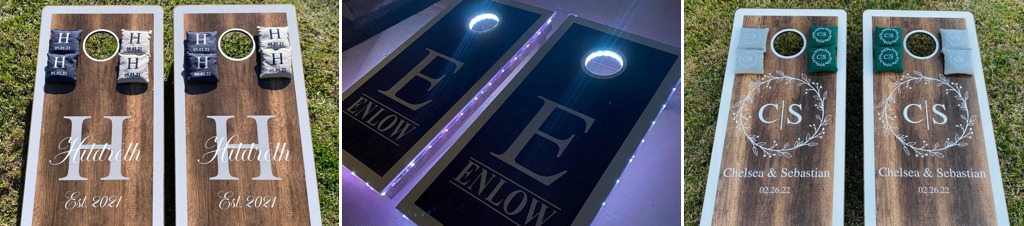 A set of cornhole game boards for a wedding gift