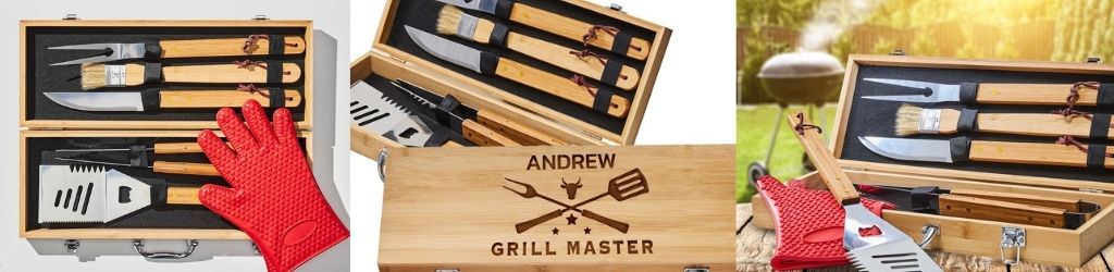 A personalized grill set that is meant to be given to the groom at a wedding shower