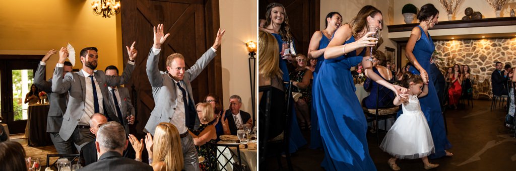 All of the bridesmaids and groomsmen entering the wedding reception at the same time.