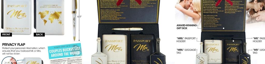 A close up photo of passport holders for a newly married couple
