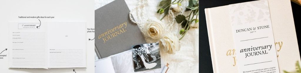 An anniversary journal that is meant to be given to the bride and groom at their wedding shower or bridal shower.