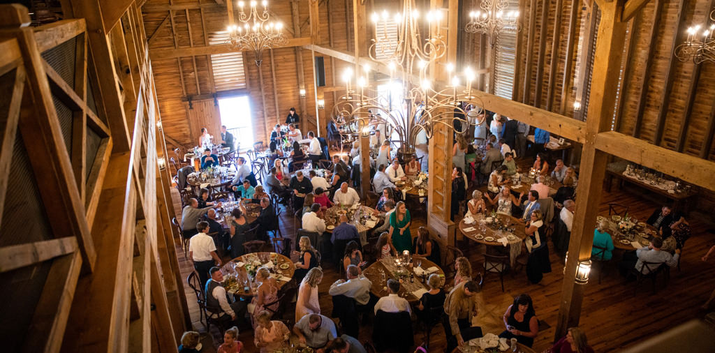 Wedding guests enjoying dinner at a reception. This is for the article called wedding dinner music ideas.