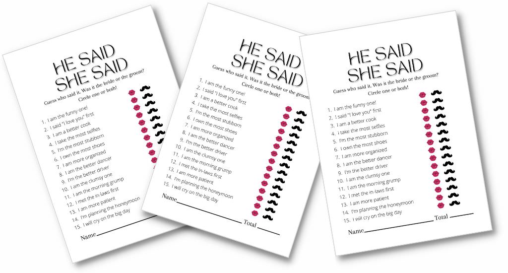 A he said she said bridal shower game free printable. This photo shows 3 of the game cards with a white background