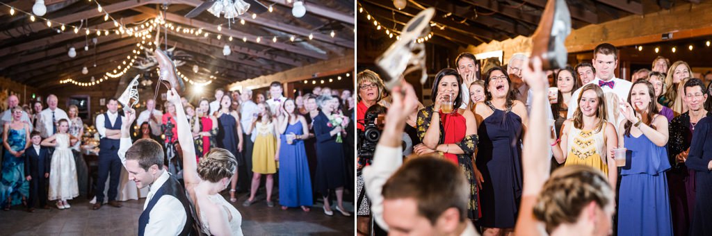 Wedding guests laughing at the questions being asked during the shoe game.