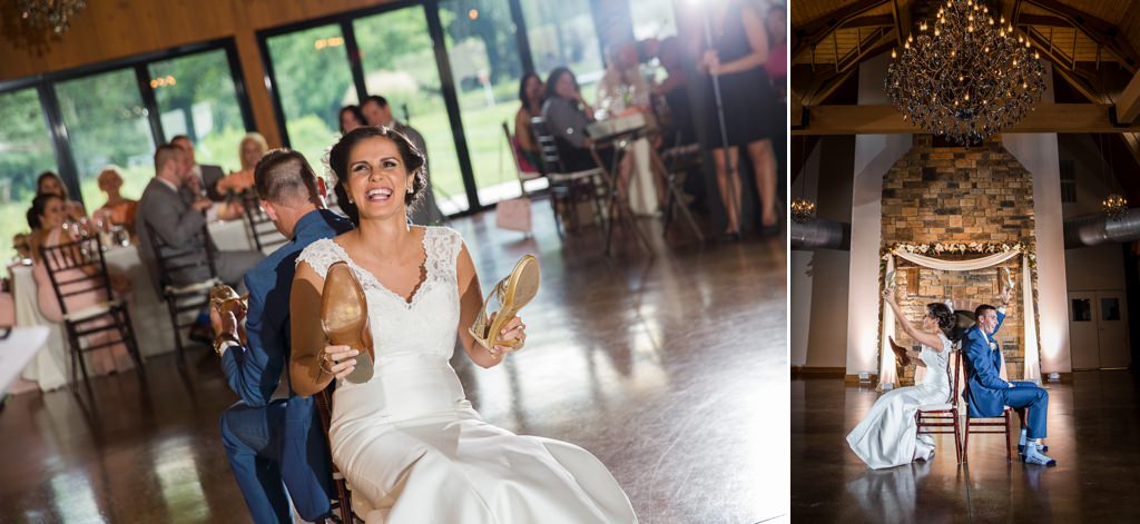 A bride and groom having fun while playing the newlyweds game at their wedding reception.