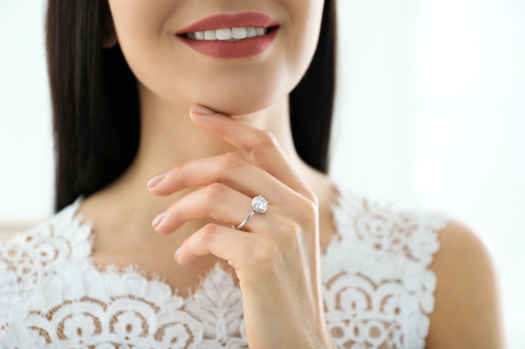 A close up photo of a new engagement ring.