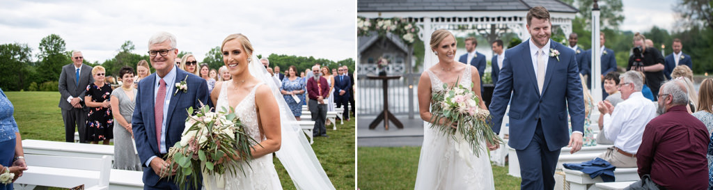 A bride walking down the aisle with her engagement ring hidden under her bouquet.