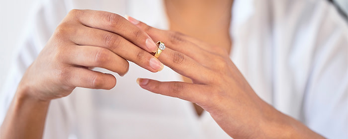 cover photo for the articles called what if my engagement ring is too big. This photo shows a bride putting on a ring that is too loose.