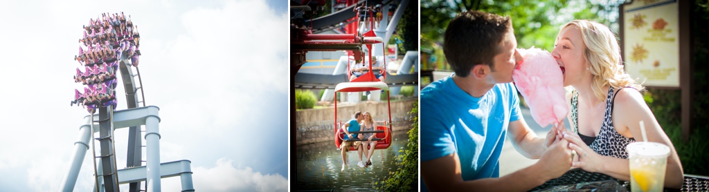 A couple spending the day together at an amusement park. This photo shows them rigin a ride and eating cotton candy.