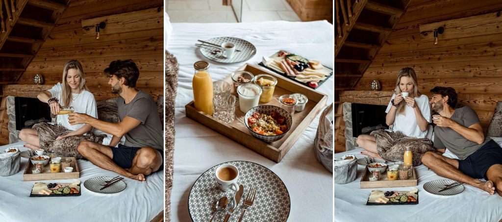 A couple having breakfast in bed for a date