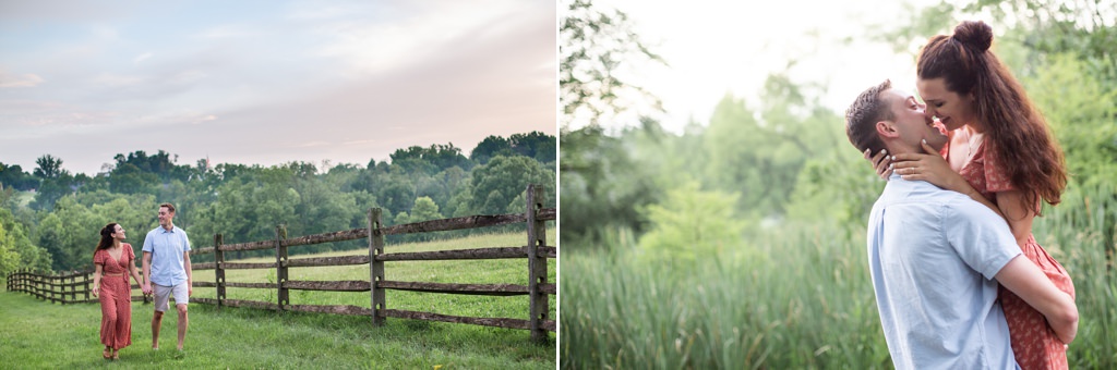 A cute couple on a date. They are walking around a farm holding hands and kissing.