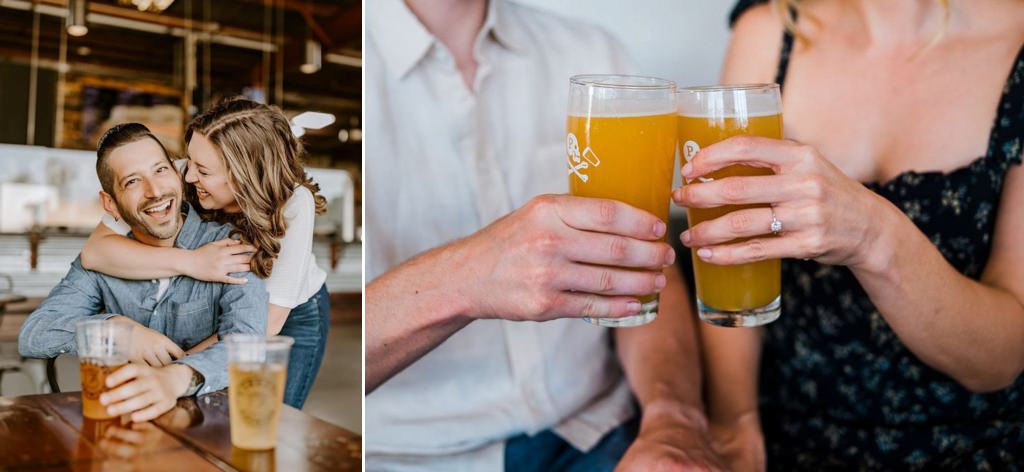 A couple having a date and drinking beer at a brewery