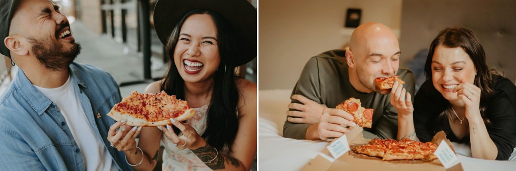 A couple having a date night of eating pizza and drinking beer.