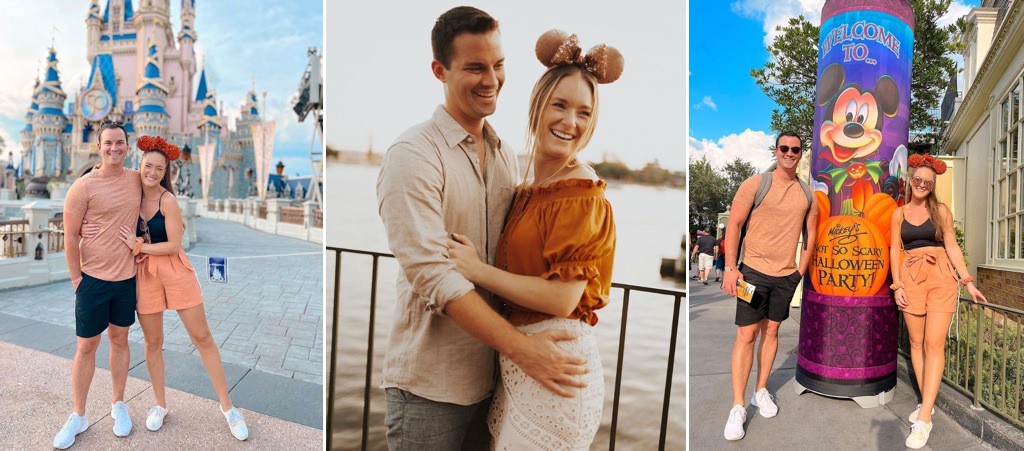 A couple having a date at Disneyland. They are posing in front of the castle.
