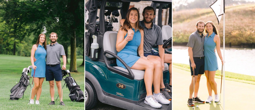 a couple enjoying a date together at the gold course playing a round together.