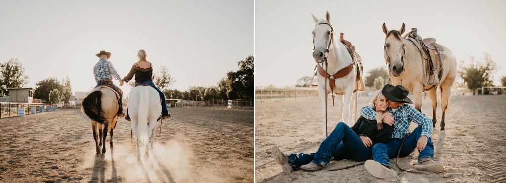 A couple spending time together horseback riding. This shows them riding horses and kissing while sitting in front of the horses.