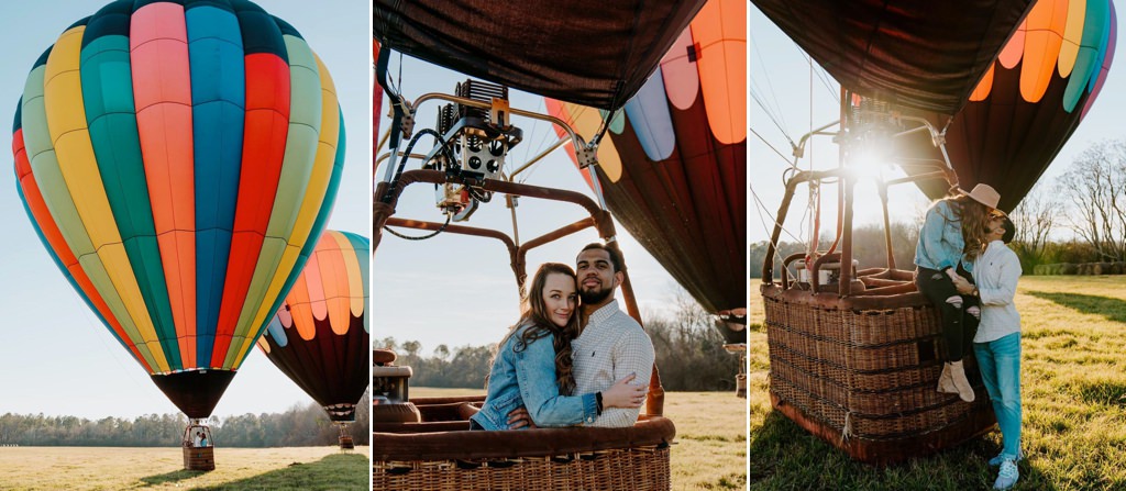 A couple having a date riding in a hot air balloon.
