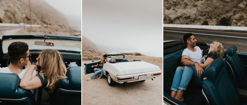 A couple having a road trip date. This photo shows them laughing in a convertible car.