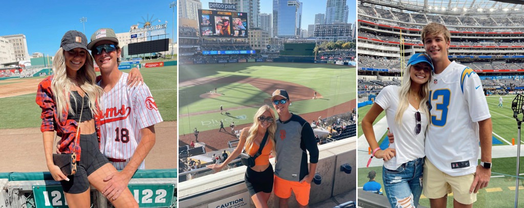 A couple spending time together and posing at random sporting events