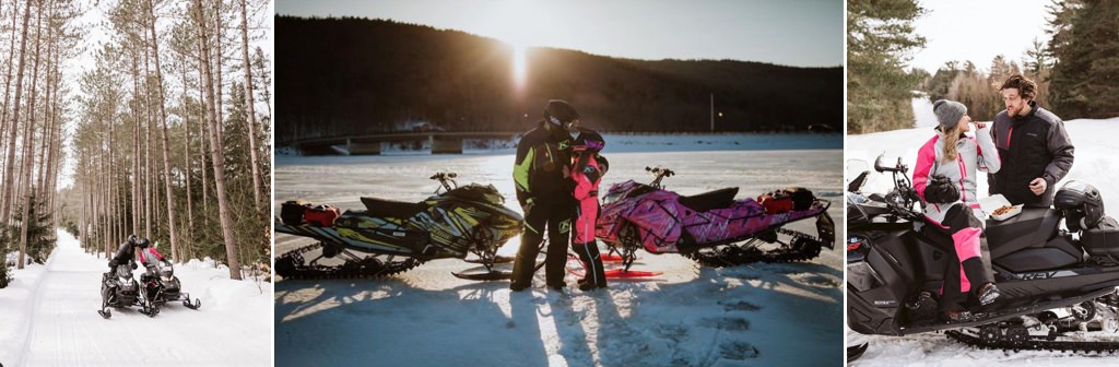 A couple riding snowmobiles.