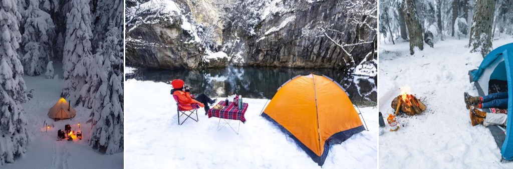 A couple camping in the snow. This is for the adventure dates for couples article