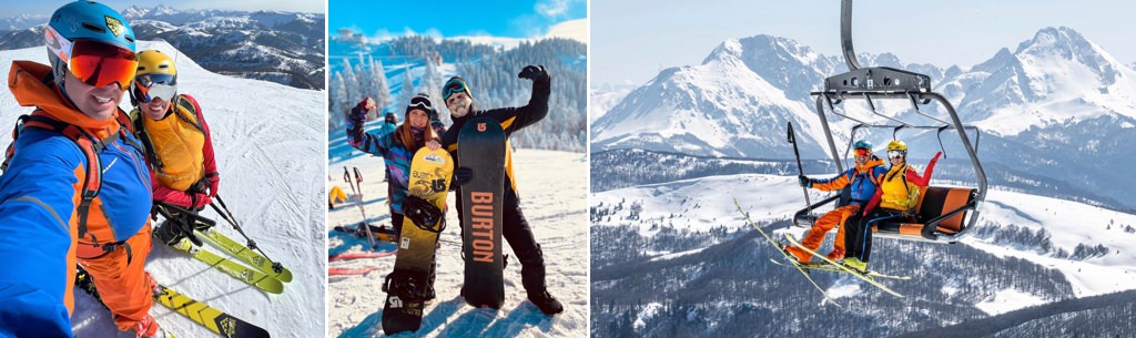 Two couples having an adventurous date while skiing and snowboarding