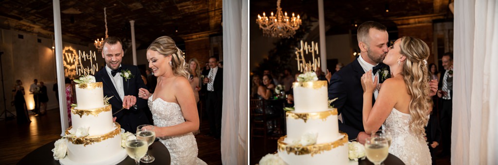 A bride and groom cutting the cake