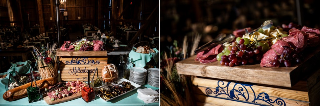 A charcuterie table set up at a wedding reception. This is for the article called best wedding reception food ideas on a budget.