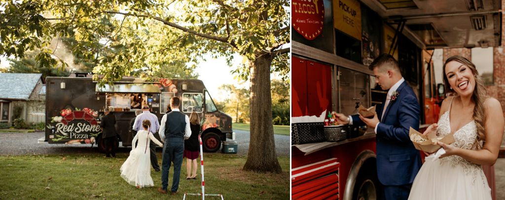 A bride and groom getting food from the food truck at their wedding.