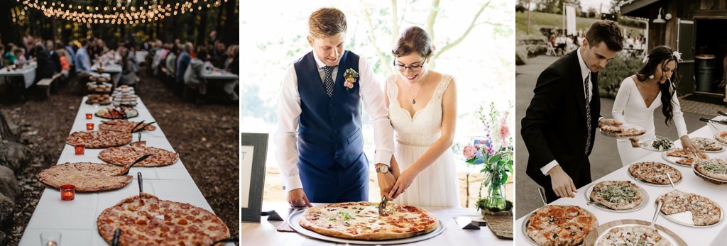 A collage of photos that show pizza being served at weddings. One of the photos is a bride and groom cutting the pizza instead of a cake.