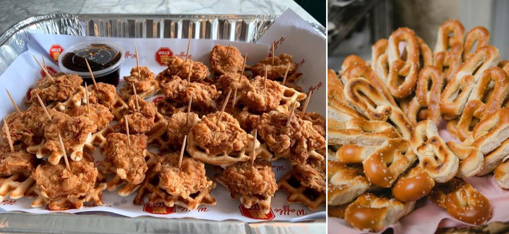Wedding reception snacks like pretzels and chicken and waffles
