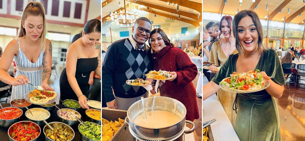 Wedding guests enjoying a taco bar at a wedding. This is for the article called cheap wedding reception food ideas on a budget