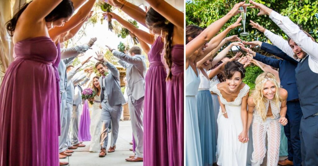 Two separate photos. The one on the left shows a bride and groom running through a tunnel made by the wedding party and the one on the right shows two brides running through a tunnel formed by their bridal party