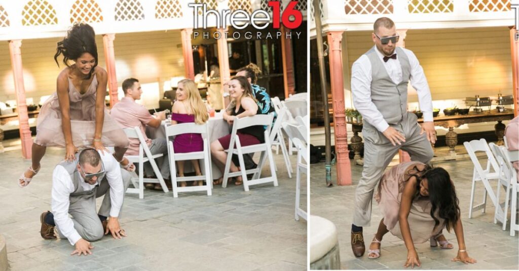 Bridesmaids and groomsmen playing Leapfrog as they enter the wedding reception.