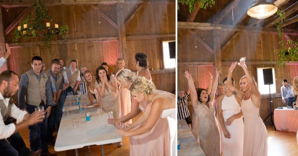 A wedding party playing Flip Cup as they entered the wedding reception