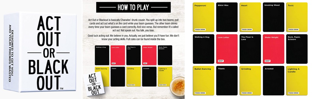 An Act Out or Black Out drinking card game set