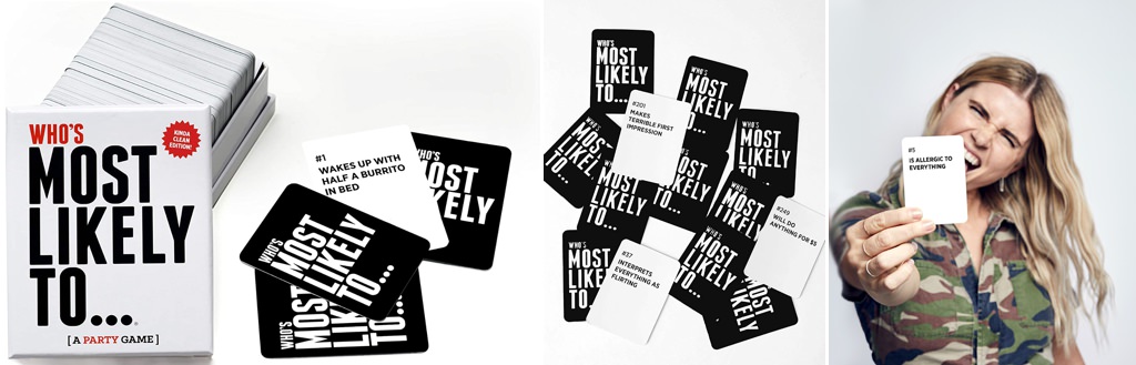 A girl holding up a game card for the game called Most Likely To...