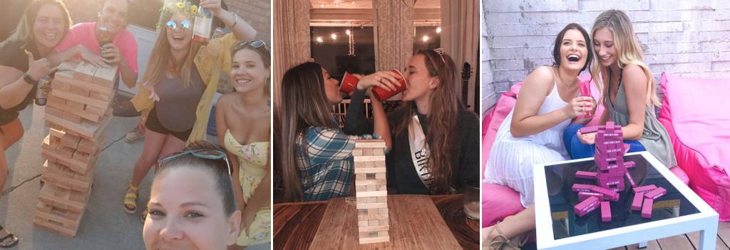 Girls playing a game called Drunk Jenga at a bachelorette party