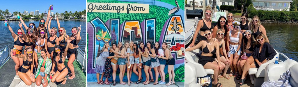3 different bachelorette party groups posing for the camera. This is for the article called best bachelorette party games.