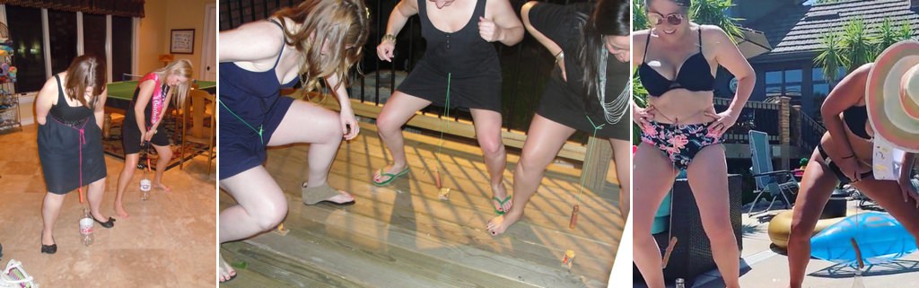 Girls playing the hot dog game a bachelorette party. This game is also called weenie in the hole or weenie in the bottle.