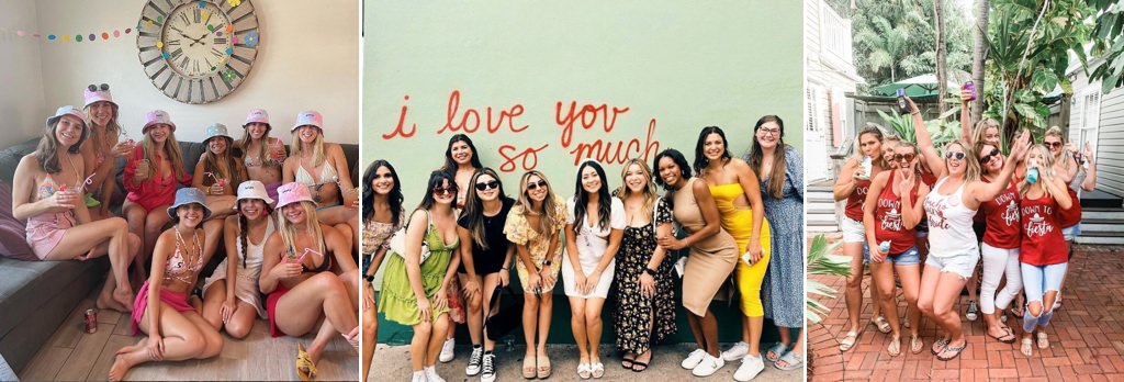 3 different bachelorette parties. All 3 photos shows a group of girls posing for the camera and getting ready for a bachelorette party scavenger hunt