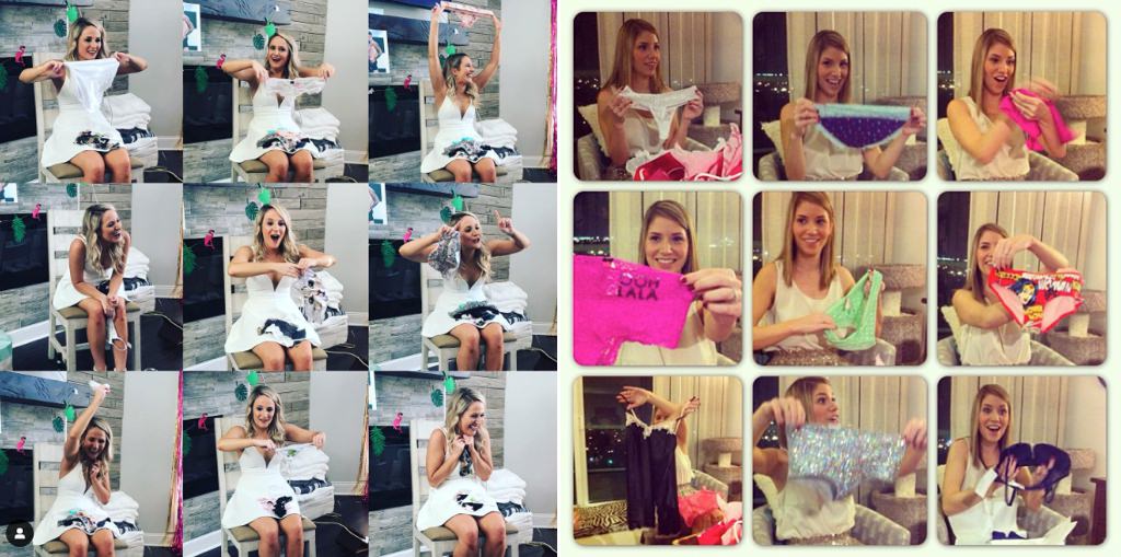 two different girls playing the underwear game at a bachelorette party