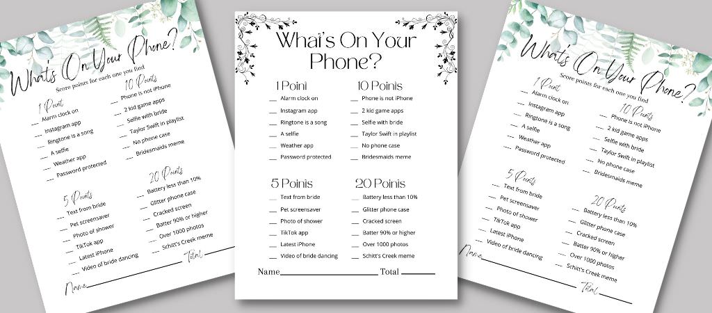 Three What's on Your Phone bachelorette party game cards with a gray background